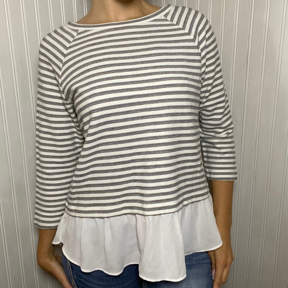 LOFT Preppy Blue Striped Mixed Media Peplum Top Layered Look Classic - Medium